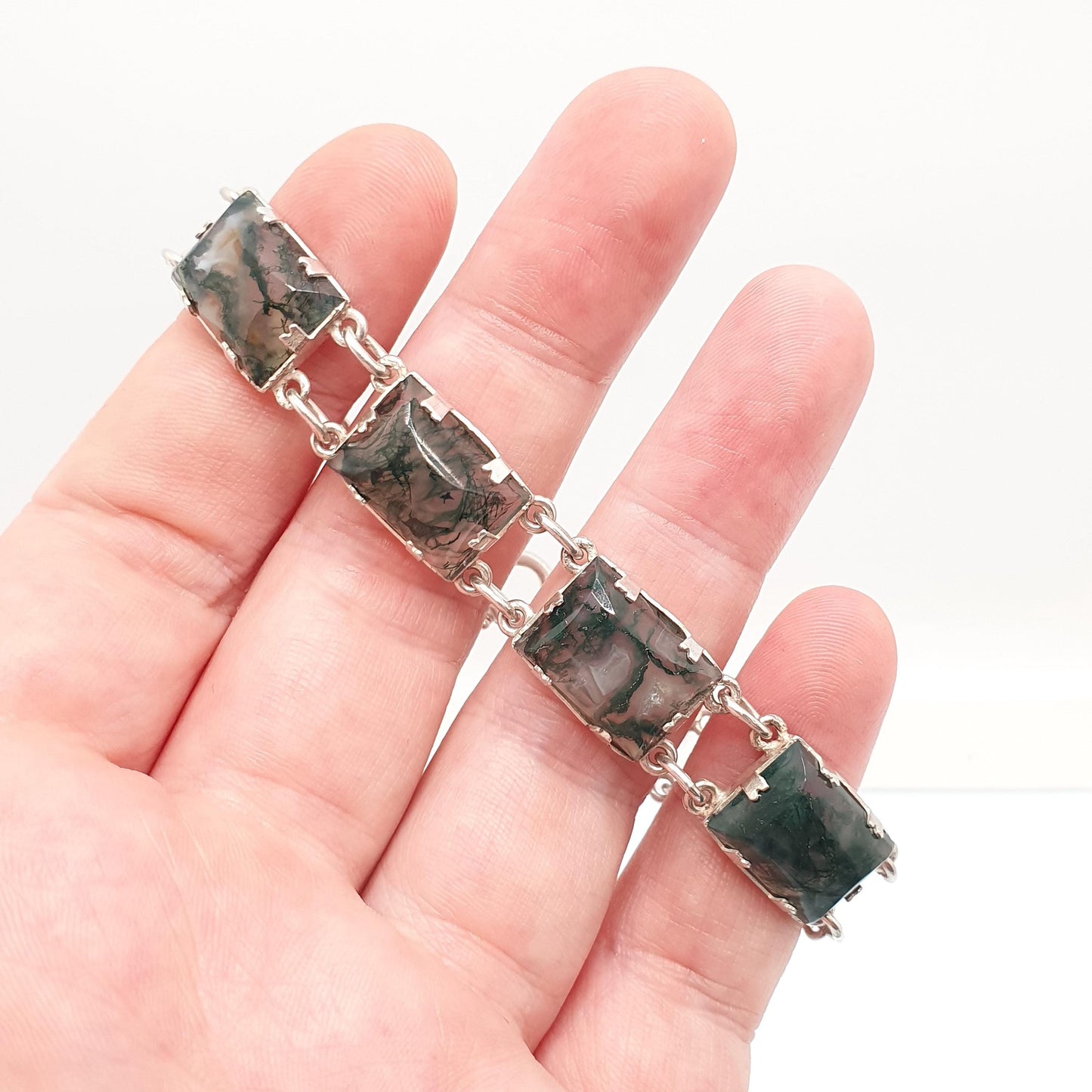 Antique Solid Silver Moss Agate Bracelet Scottish Art Deco Celtic 1920s Quartz Rectangular Links Vintage Jewelry Jewellery
