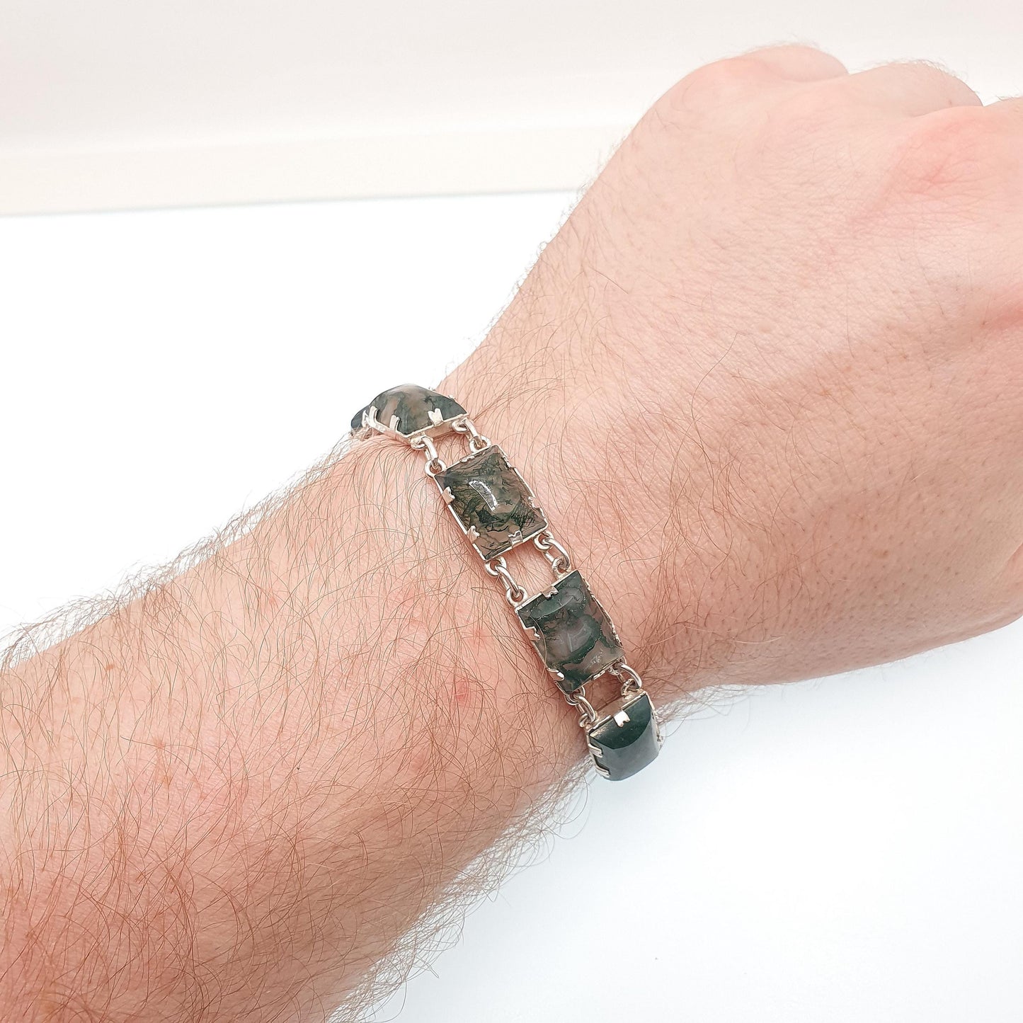Antique Solid Silver Moss Agate Bracelet Scottish Art Deco Celtic 1920s Quartz Rectangular Links Vintage Jewelry Jewellery