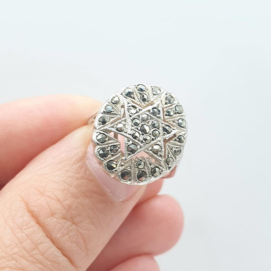 Antique Art Deco Solid Silver Star Ring Marcasite Cluster Sparkly Celestial Vintage Womens Jewelry Jewellery Unisex UK O US 7