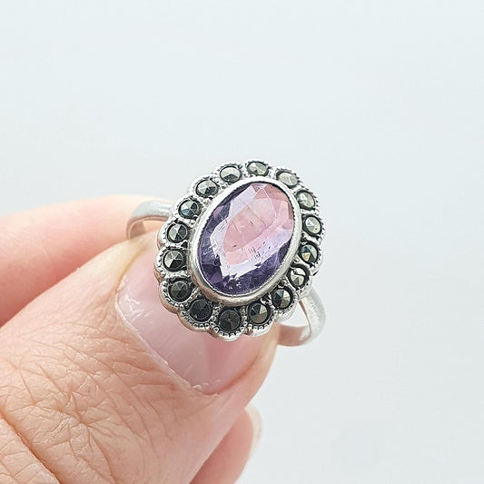 Antique Art Deco Solid Silver Amethyst & Marcasite Halo Ring Cluster Genuine Gemstone Womens Jewelry Vintage Jewellery UK O US 7.25