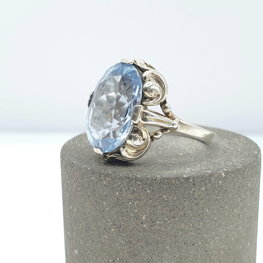 Antique Art Deco Solid Silver Swiss Topaz Ring Sky Blue Large Oval Cut Womens Mens Vintage Jewelry Jewellery UK R US 8.5