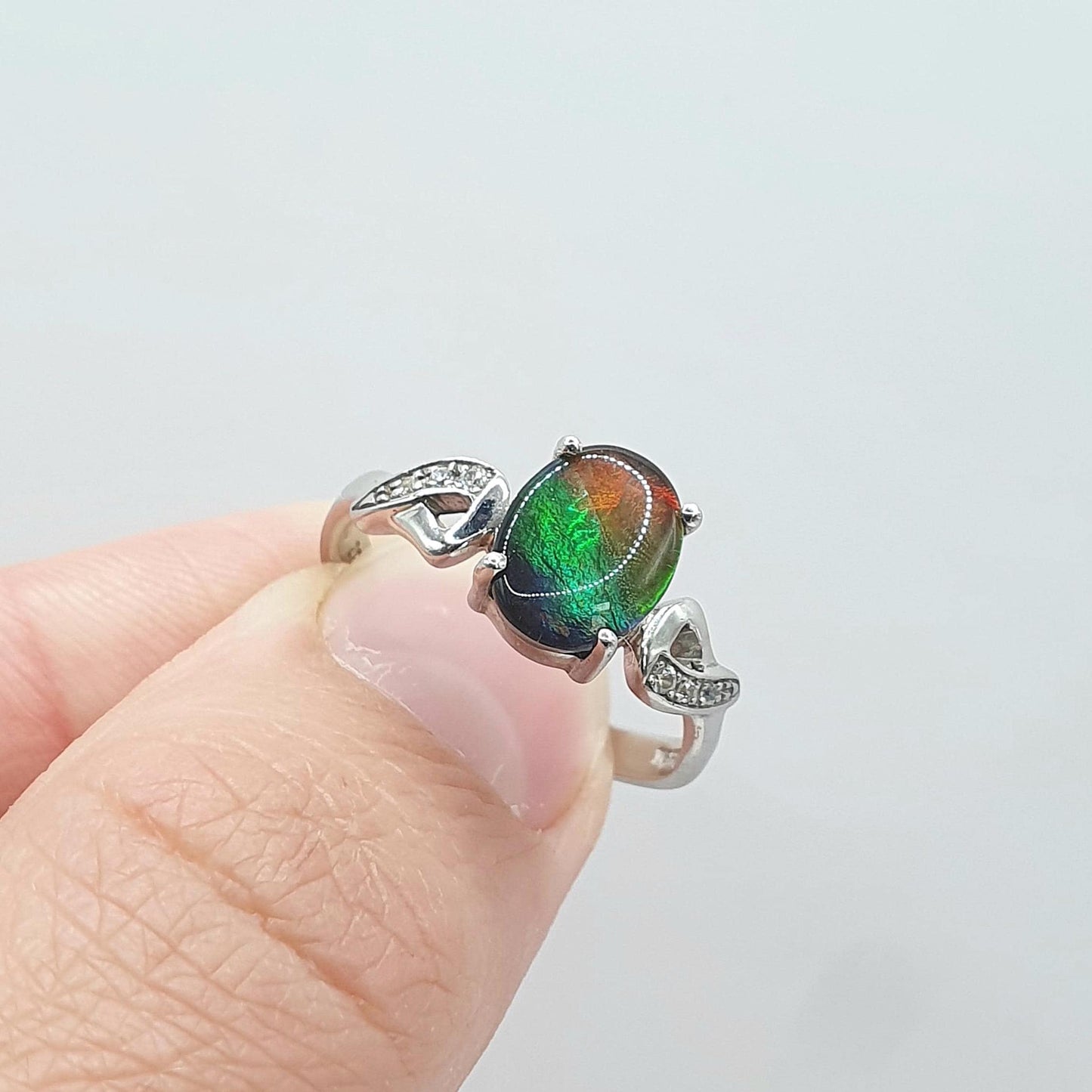 Vintage Sterling Silver Ammolite Ring Doublet Ammonite Fossil White Spinel Shoulder Womens Vintage Ladies Jewelry Jewellery UK N US 6.75