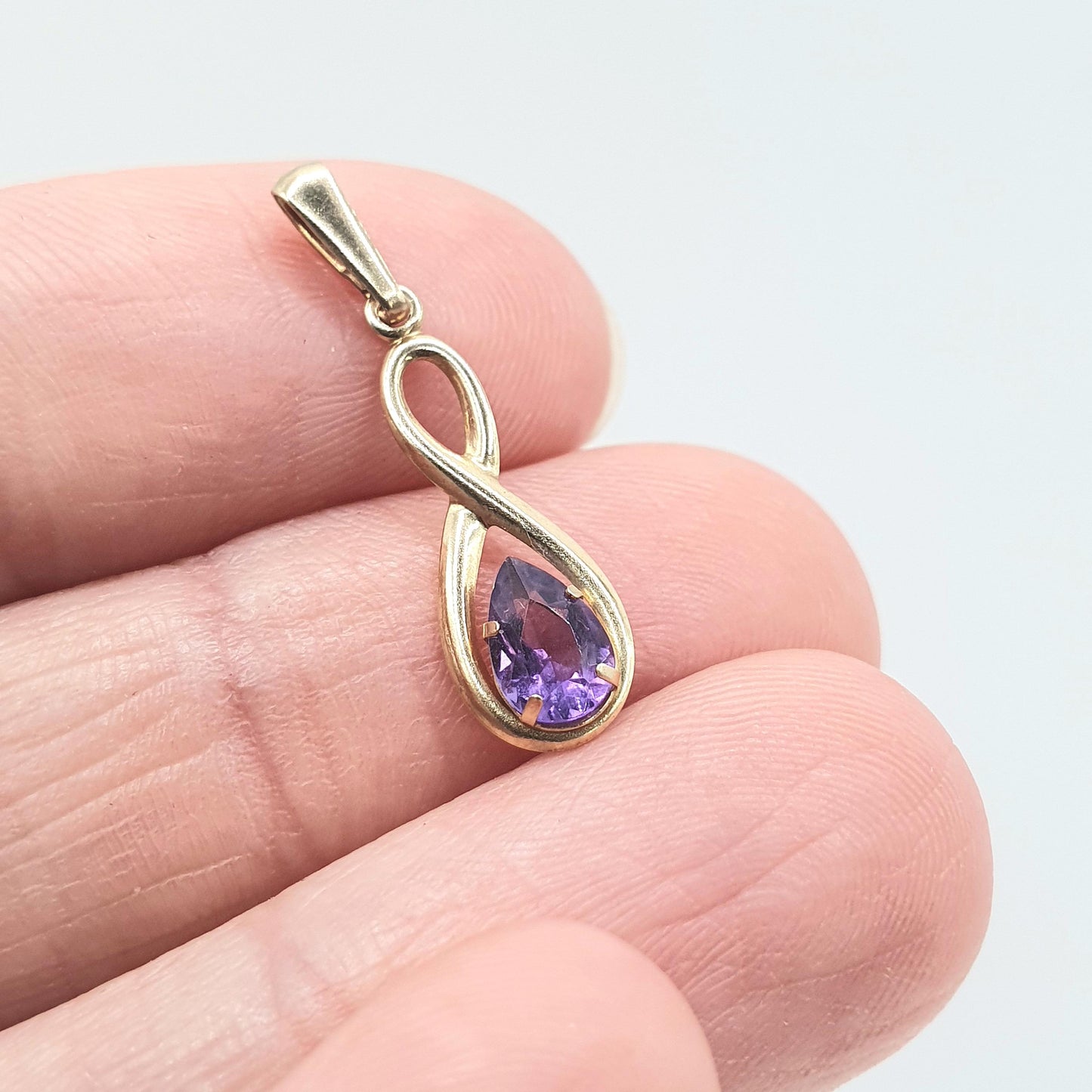 Vintage 9ct Gold Amethyst Pendant Figure 8 Shape Pear Cut Small Tiny Cute Purple Carat Womens Ladies Jewellery Jewelry
