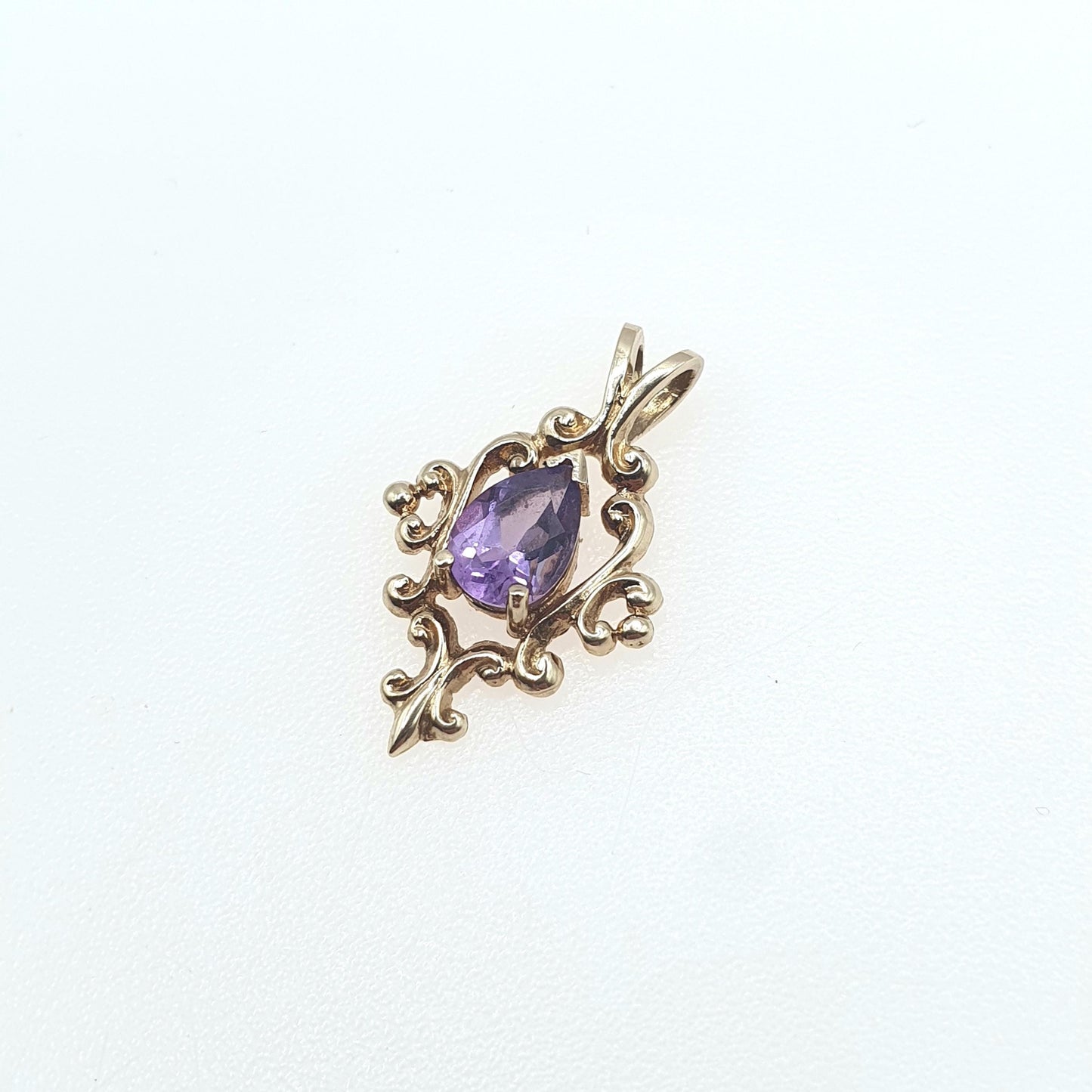 Vintage 9ct Gold Amethyst Pendant Art Nouveau Scroll Style Pear Cut Necklace Womens Jewellery Jewelry Lilac