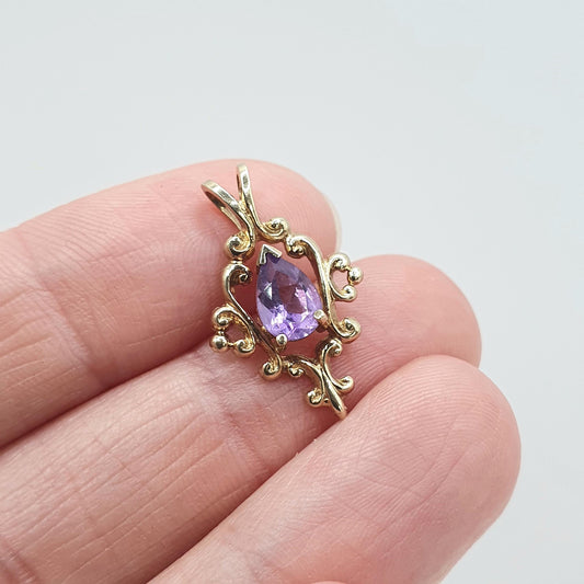 Vintage 9ct Gold Amethyst Pendant Art Nouveau Scroll Style Pear Cut Necklace Womens Jewellery Jewelry Lilac