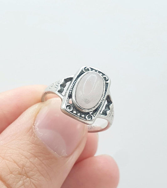 Antique Arts and Crafts Solid Silver Rose Quartz Ring Oval Cabochon Pink Quartz Jewelry Jewellery Vintage UK O.5 or US 7.5