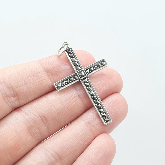 Antique Art Deco Solid Silver Crucifix Cross Pendant Marcasite Christian Religious Catholic Jewelry Vintage Jewellery Mens Womens