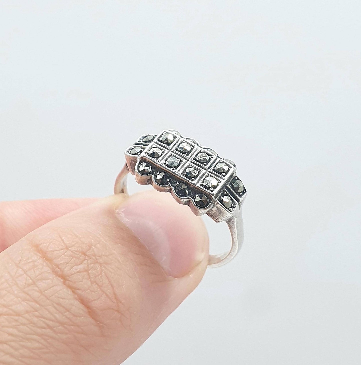 Antique Art Deco Sterling Silver Marcasite Ring Rectangular Geometric Cocktail Flapper Jewellery Womens UK Q US 8.25