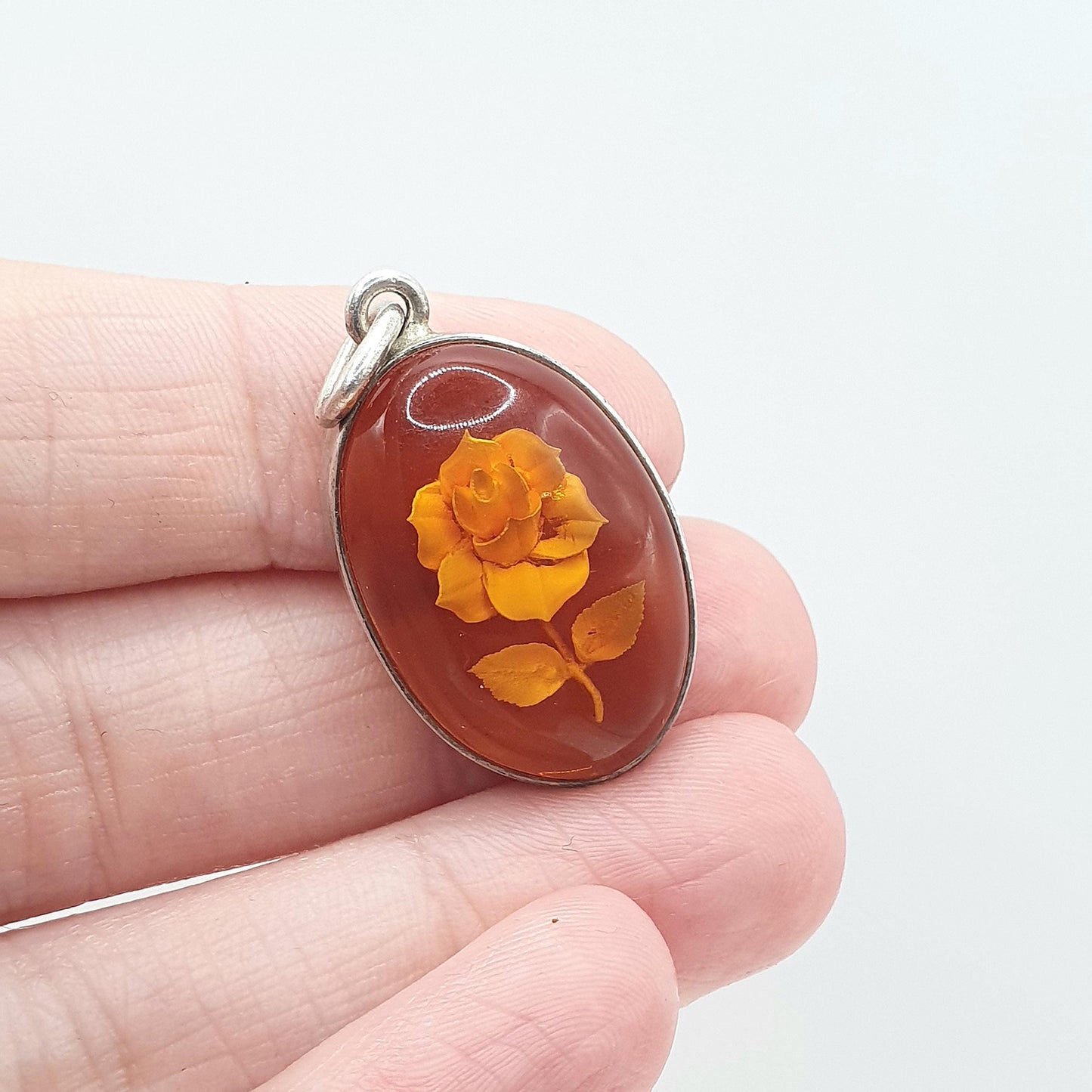 Vintage Sterling Silver Reverse Carved Amber Pendant Flower Intaglio Orange Jewellery Retro Solid 925 Floral Womens Jewelry Mens