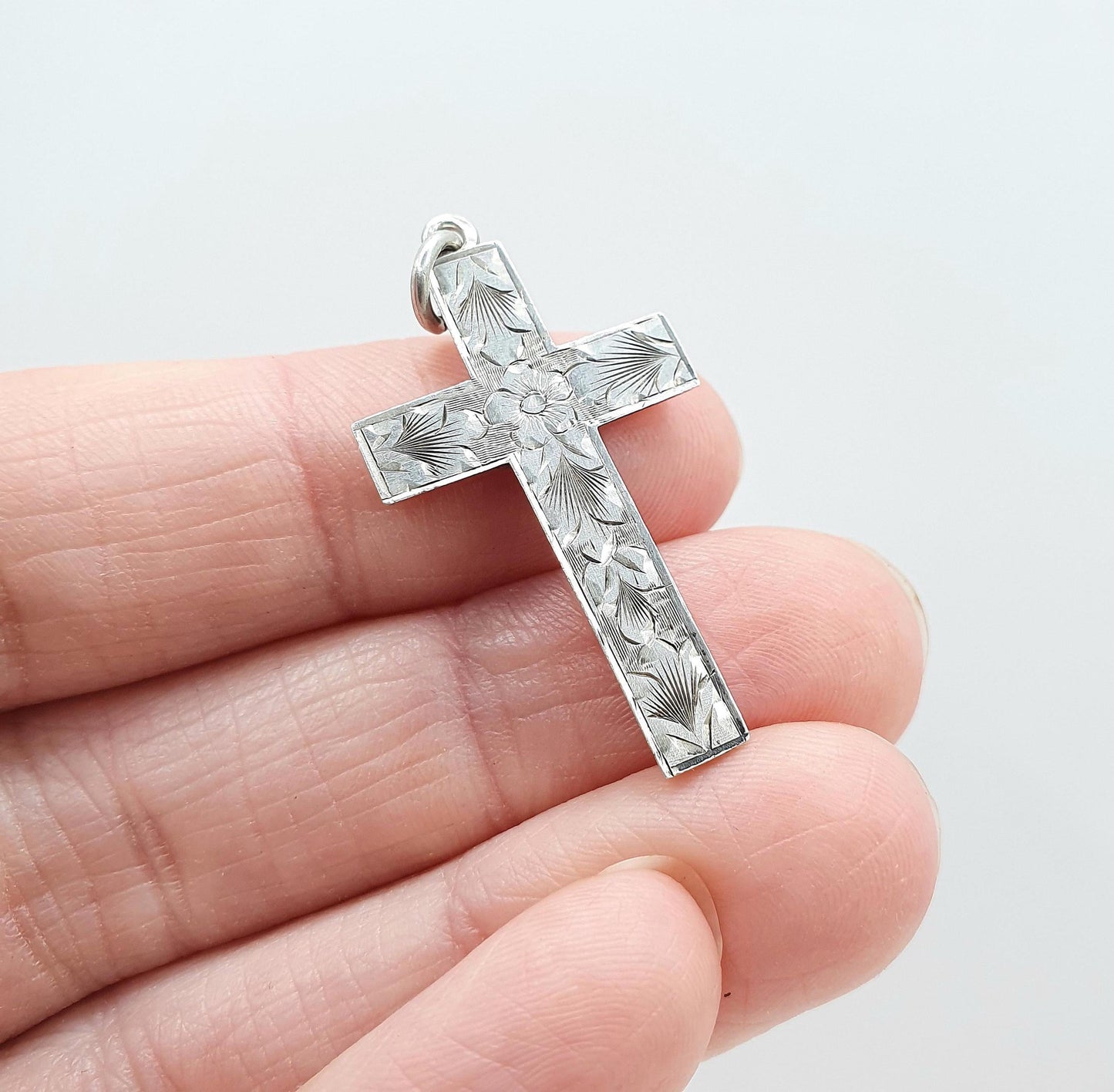 Antique Sterling Silver Crucifix Pendant Hand Engraved Cross Cruciform Christian Religious Mens Womens Jewelry Jewellery
