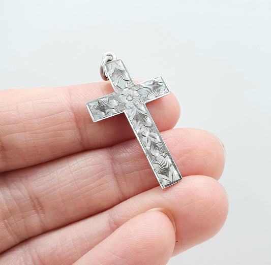 Antique Sterling Silver Crucifix Pendant Hand Engraved Cross Cruciform Christian Religious Mens Womens Jewelry Jewellery