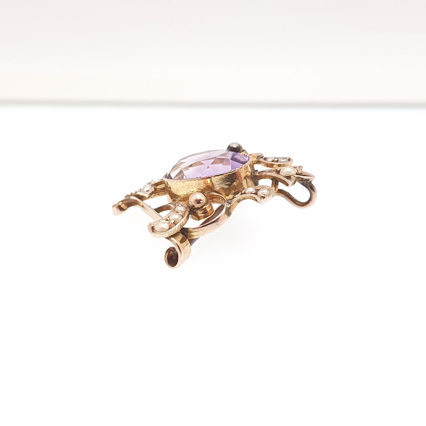 Antique 9ct 9k Gold Amethyst Pendant Seed Pearl Necklace Brooch Edwardian Solid 375 Gemstone Vintage Jewellery Jewelry