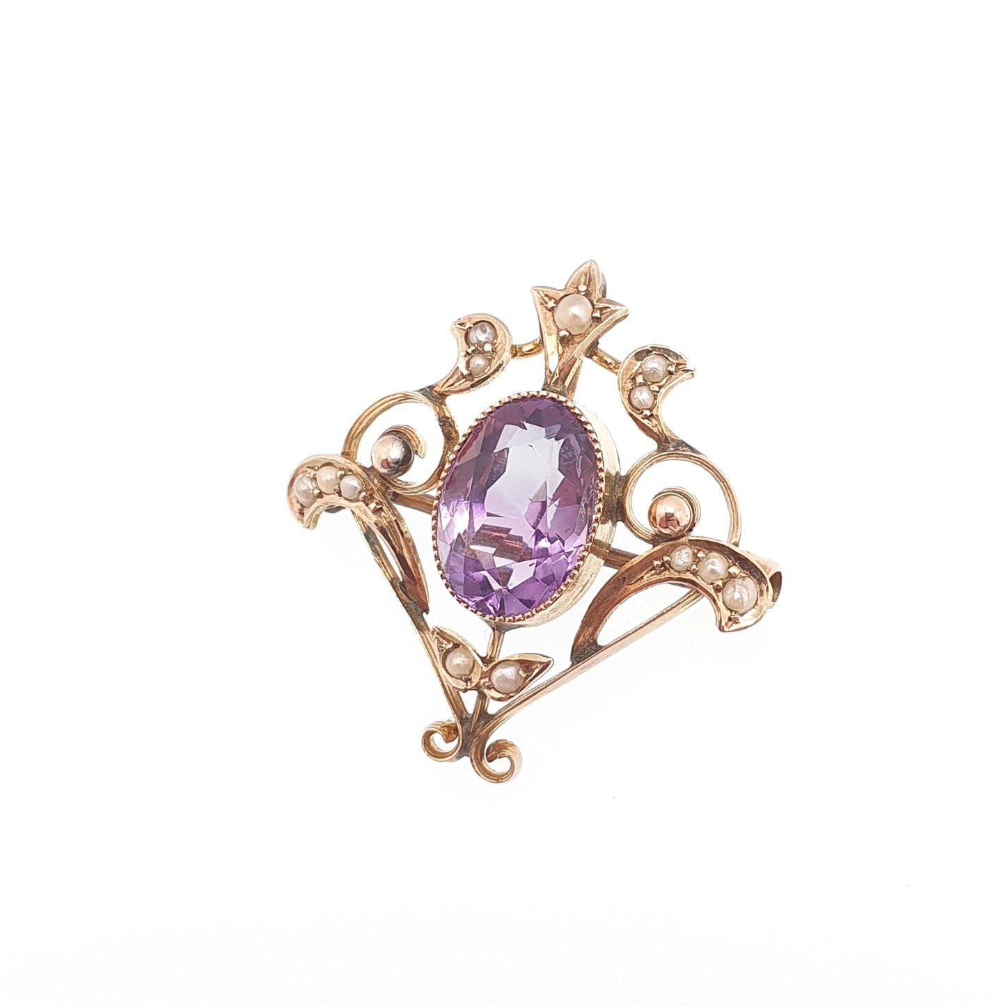 Antique 9ct 9k Gold Amethyst Pendant Seed Pearl Necklace Brooch Edwardian Solid 375 Gemstone Vintage Jewellery Jewelry