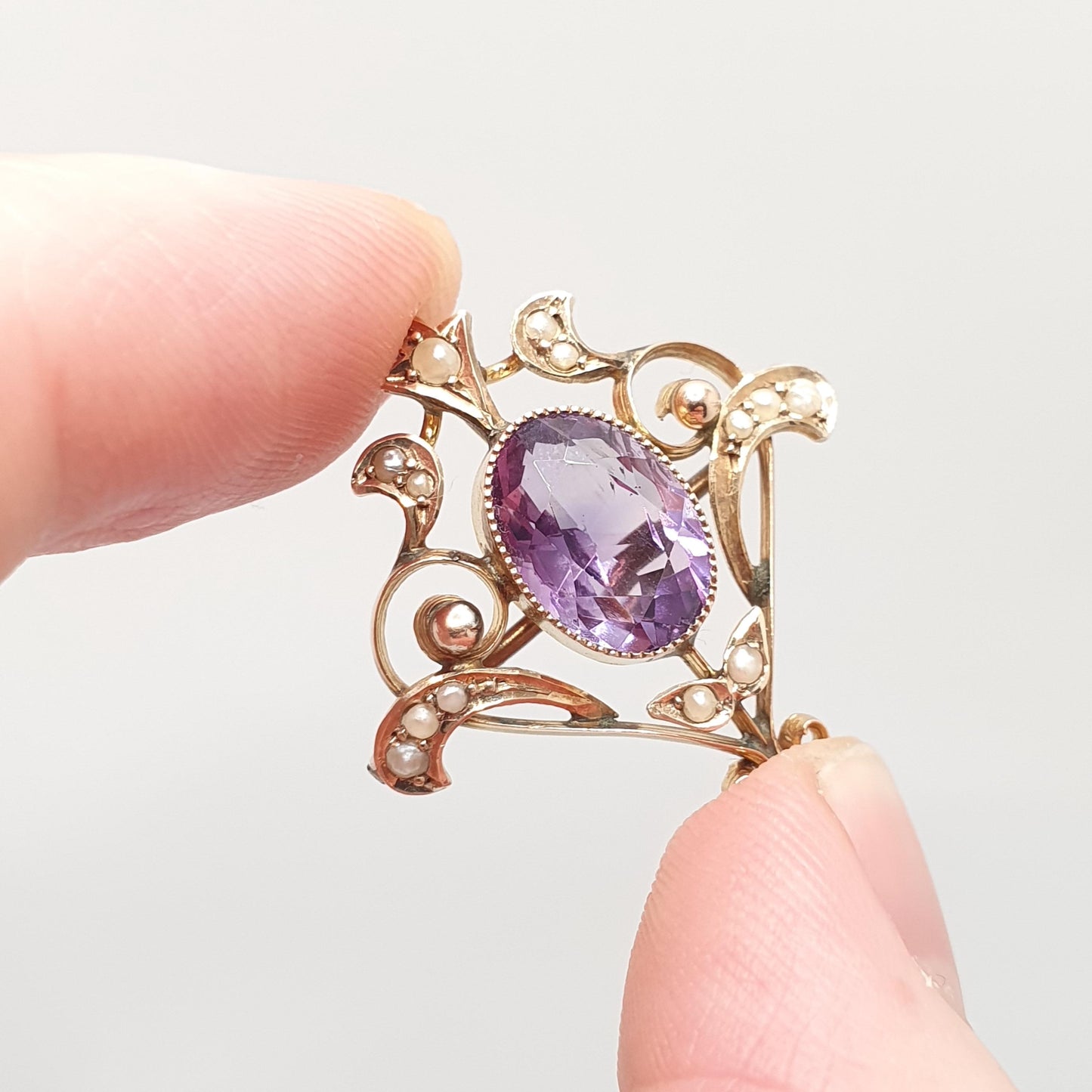 Antique 9ct 9k Gold Amethyst Pendant Seed Pearl Necklace Brooch Edwardian Solid 375 Gemstone Vintage Jewellery Jewelry