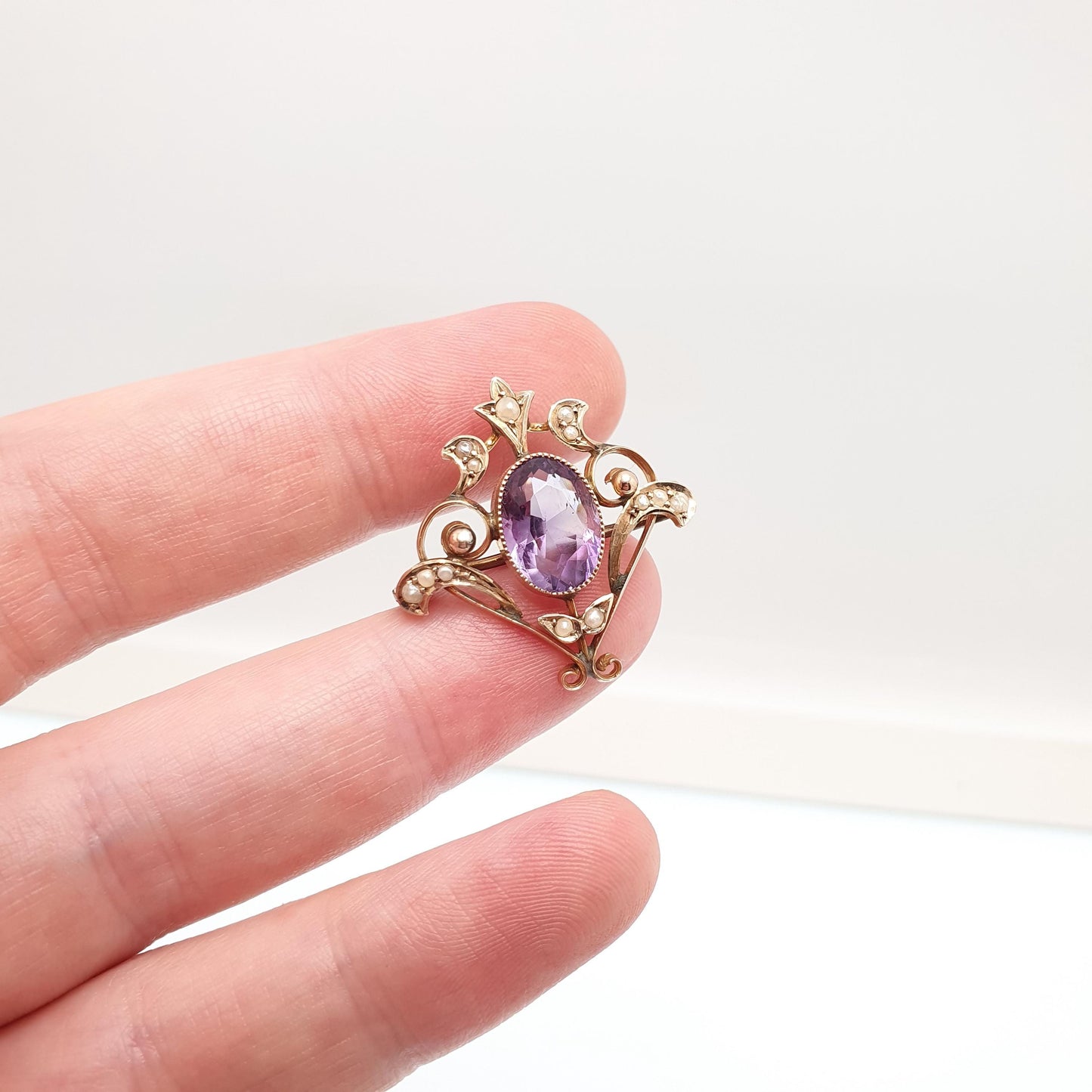 Antique 9ct 9k Gold Amethyst Pendant Seed Pearl Necklace Brooch Edwardian Solid 375 Gemstone Vintage Jewellery Jewelry