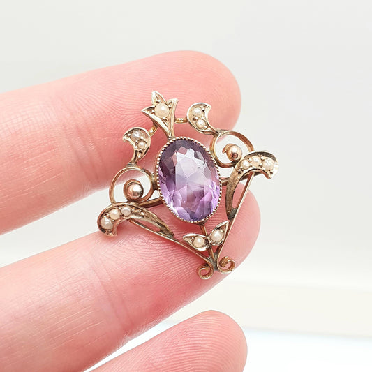 Antique 9ct 9k Gold Amethyst Pendant Seed Pearl Necklace Brooch Edwardian Solid 375 Gemstone Vintage Jewellery Jewelry