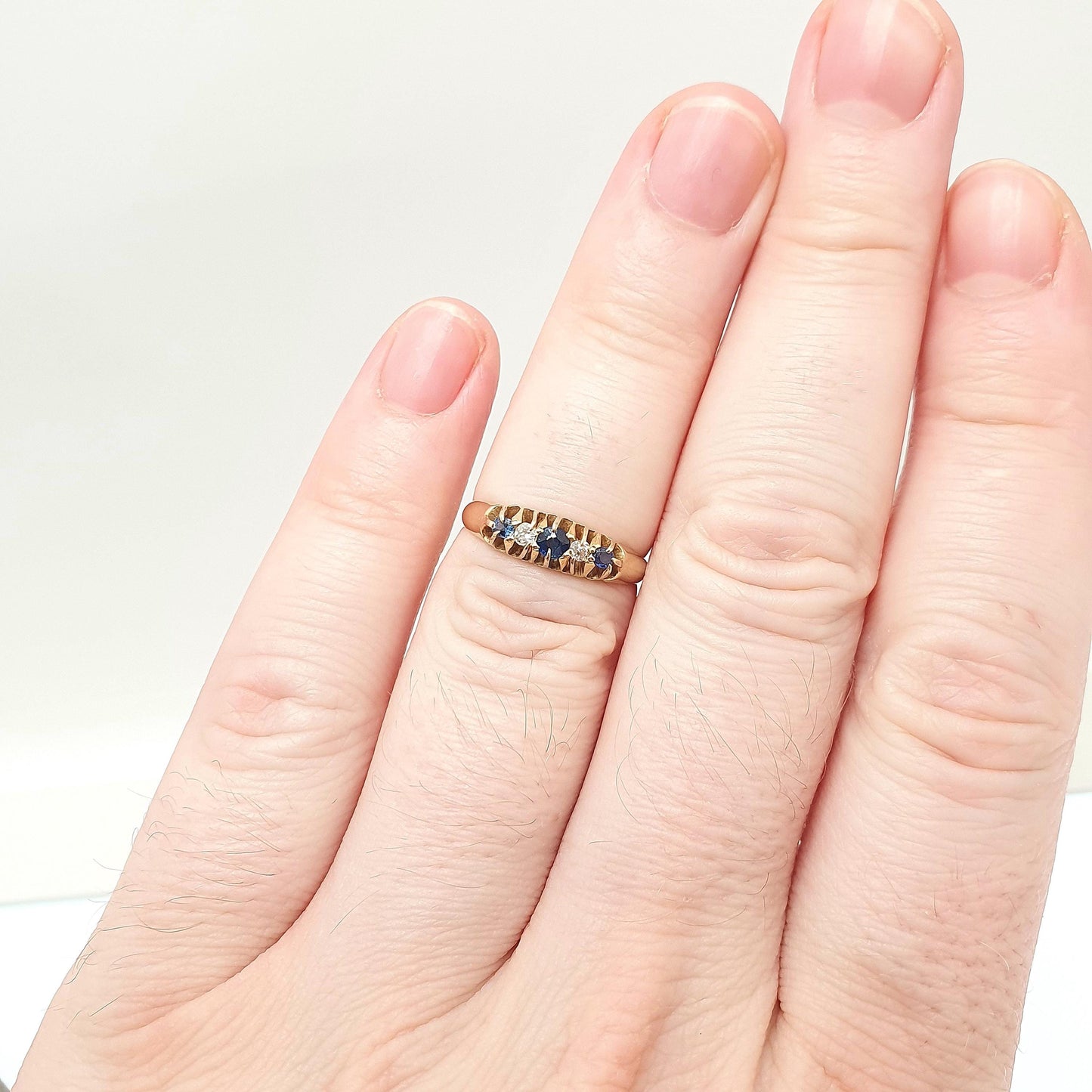 Antique 18ct 18k Gold Sapphire & Diamond Ring Solid 750 Old Cut Hallmarked Five Gemstone Vintage Jewelry Jewellery