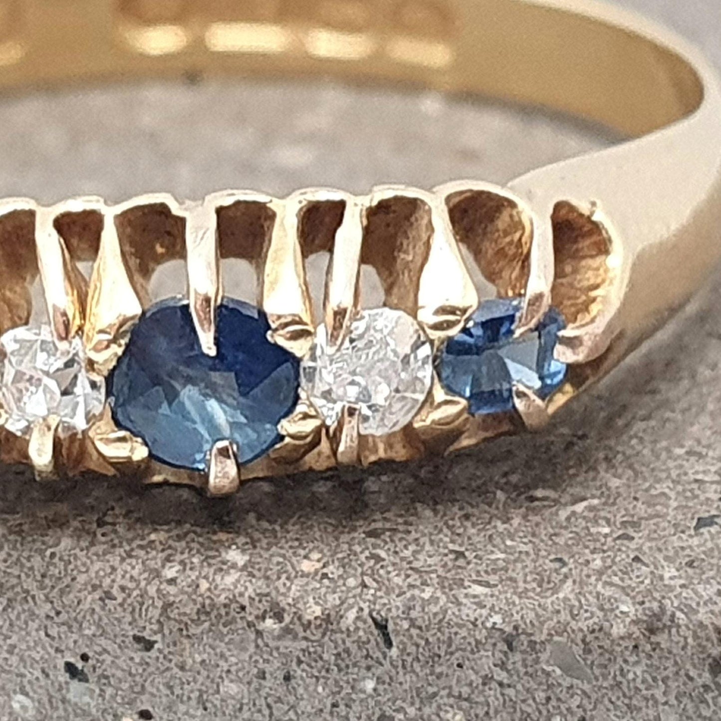 Antique 18ct 18k Gold Sapphire & Diamond Ring Solid 750 Old Cut Hallmarked Five Gemstone Vintage Jewelry Jewellery