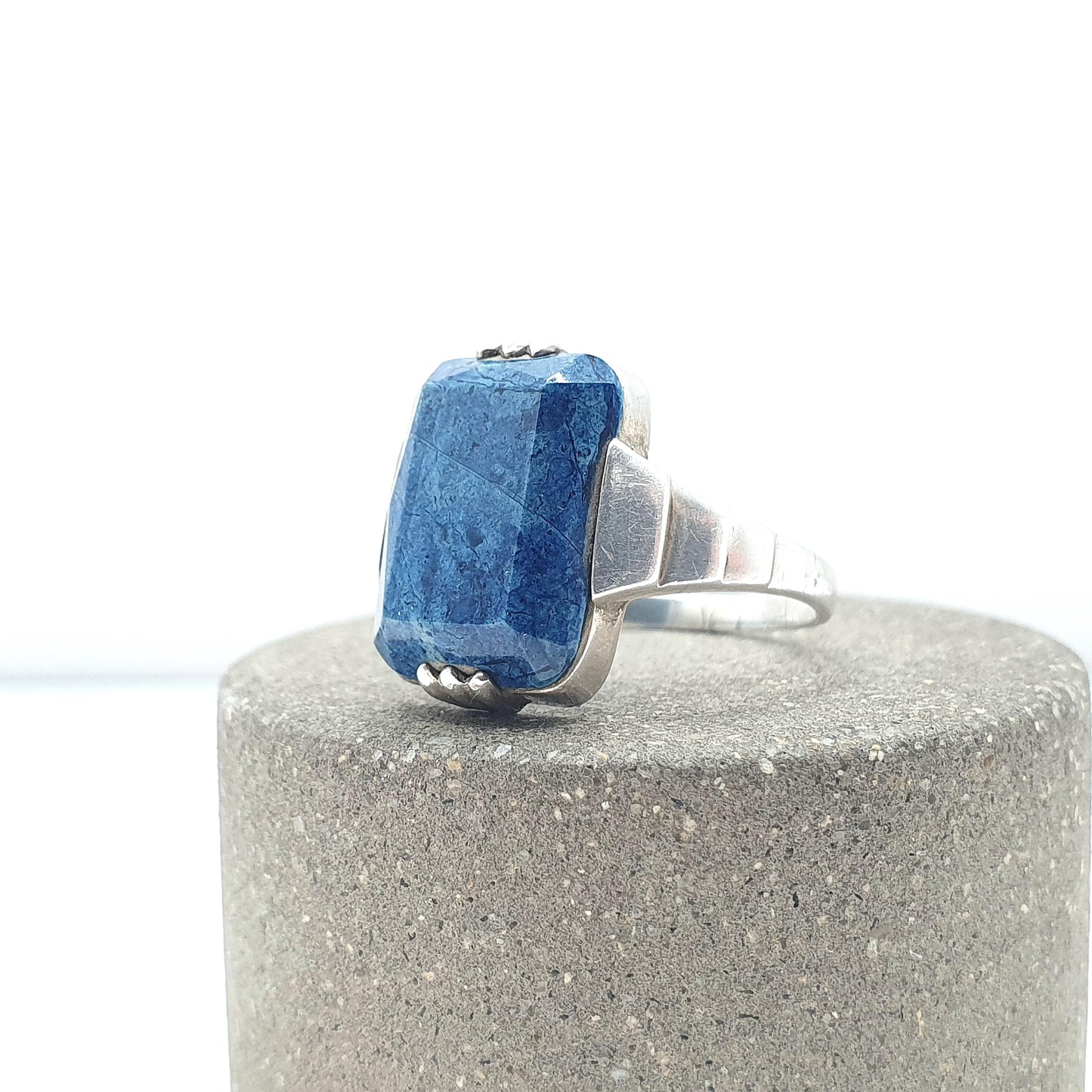 Antique Art Deco Solid Silver Sodalite Ring Rectangular Cut Blue Gemstone Vintage Womens Jewelry Jewellery UK N US 6.5