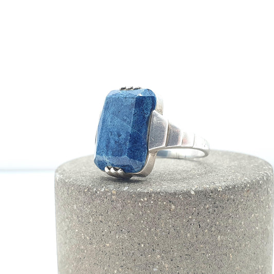 Antique Art Deco Solid Silver Sodalite Ring Rectangular Cut Blue Gemstone Vintage Womens Jewelry Jewellery UK N US 6.5