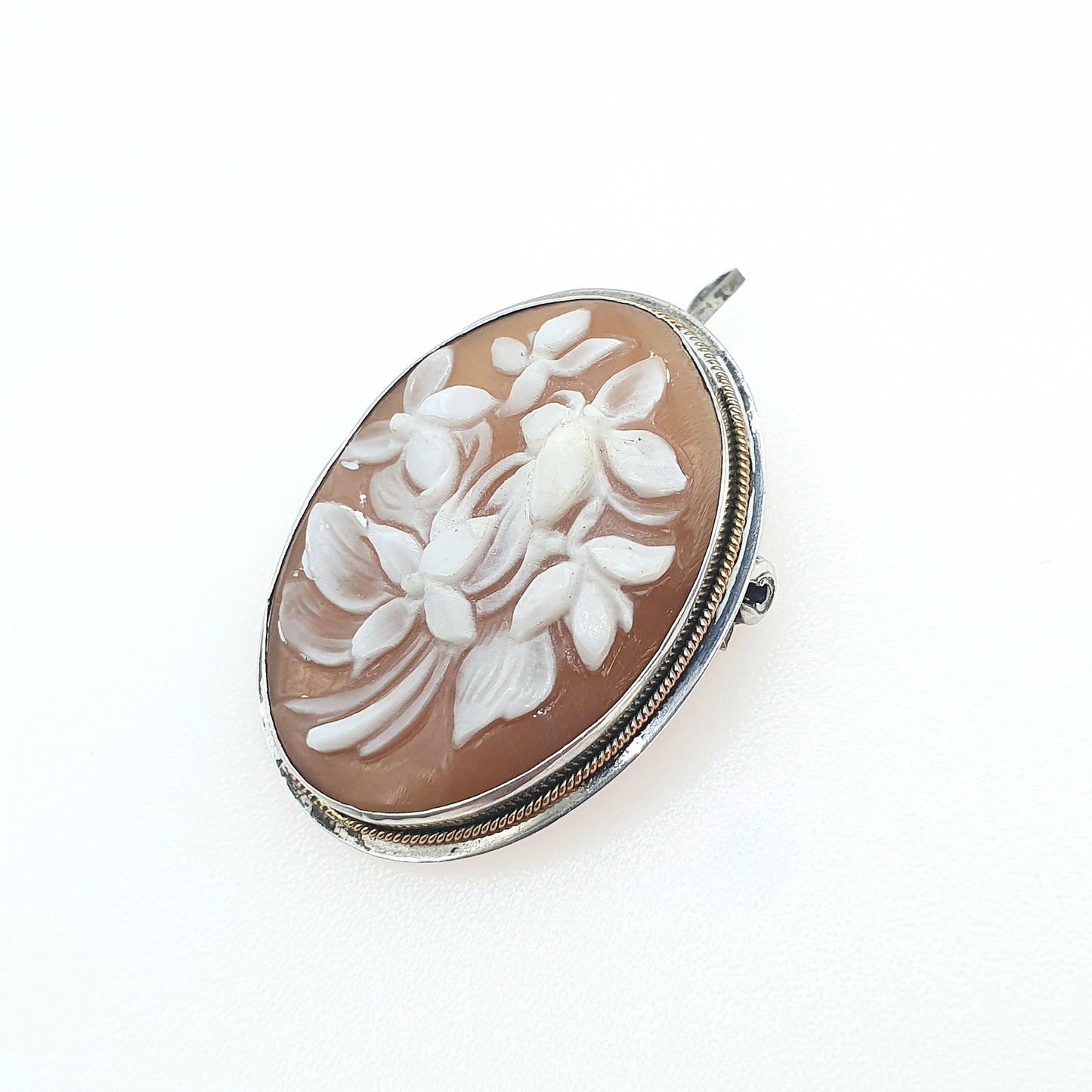 Old Vintage Sterling Silver Flower Cameo Pendant Brooch Shell Floral Necklace Jewelry Womens Jewellery Mens Unisex