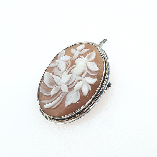 Old Vintage Sterling Silver Flower Cameo Pendant Brooch Shell Floral Necklace Jewelry Womens Jewellery Mens Unisex