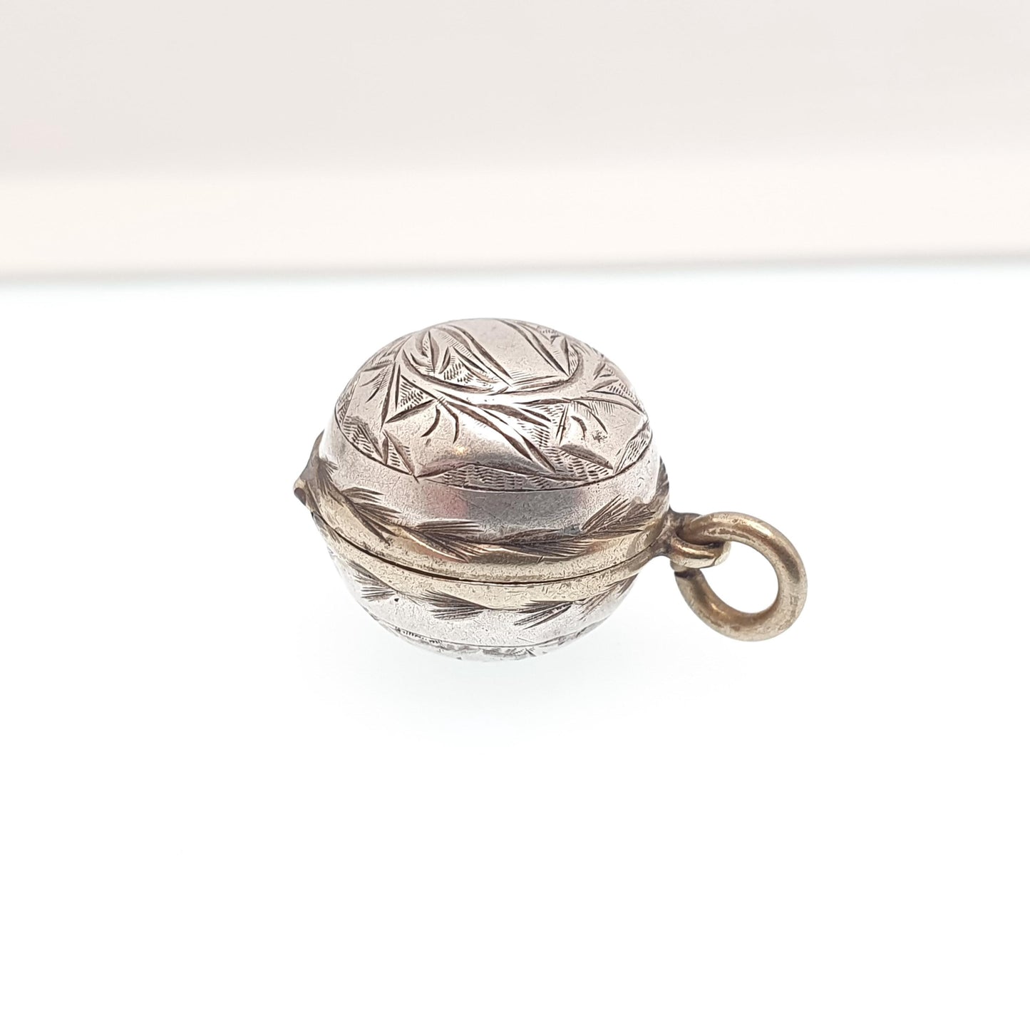 Antique Solid Silver Victorian Ball Locket Back and Front Leaf Engraved Bead Circle Vintage Pendant Jewelry Jewellery
