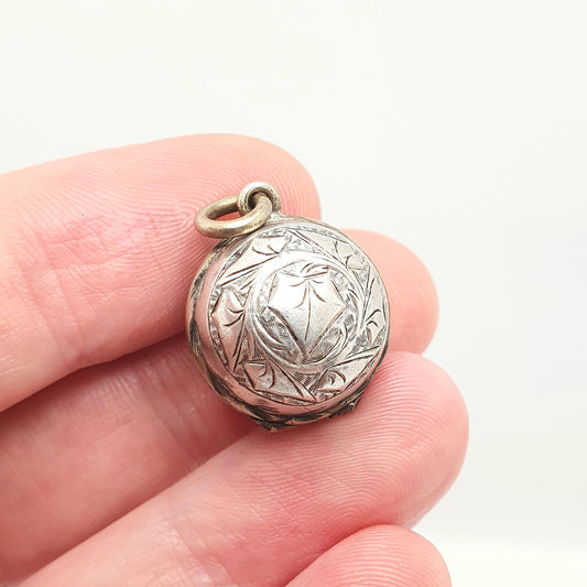 Antique Solid Silver Victorian Ball Locket Back and Front Leaf Engraved Bead Circle Vintage Pendant Jewelry Jewellery