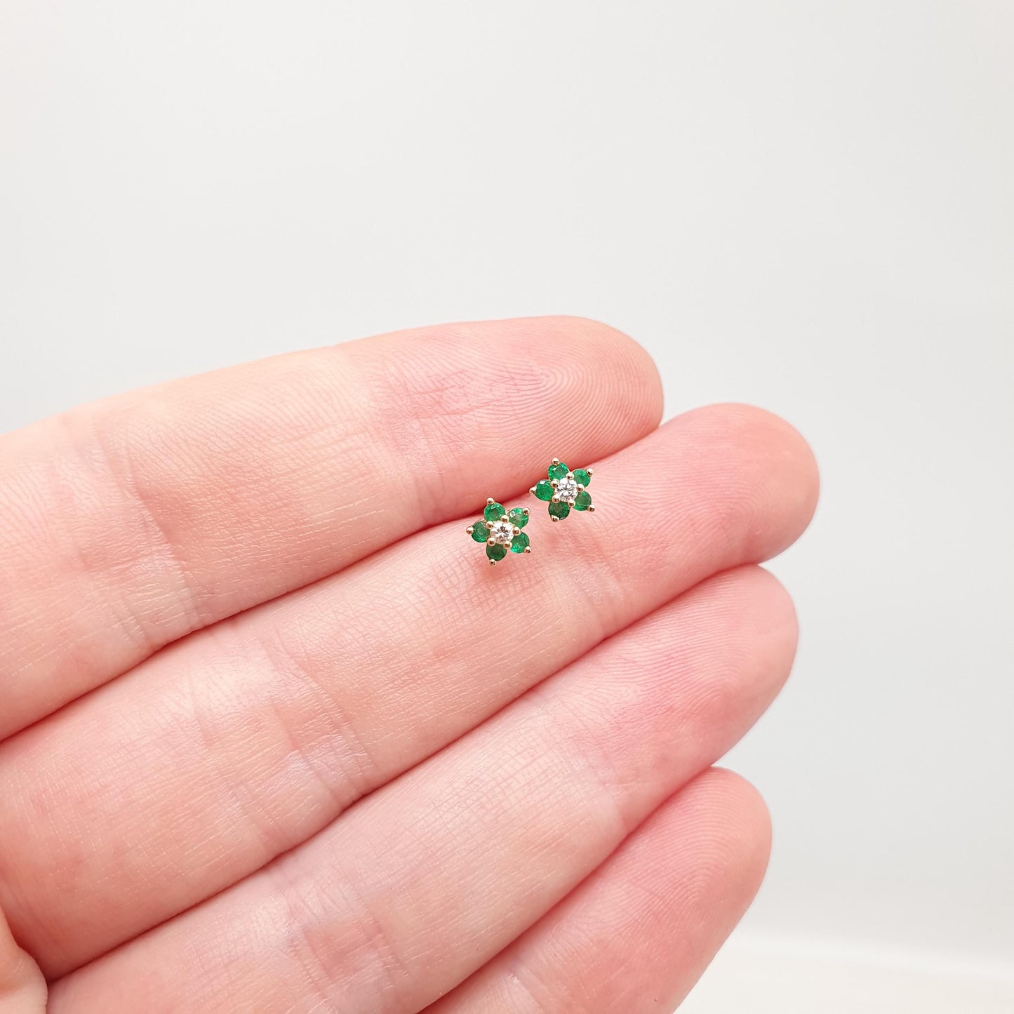 Vintage 9ct Gold Emerald & Diamond Stud Earrings Small Cluster Solid 9k 375 Genuine Gemstone Jewelry Jewellery