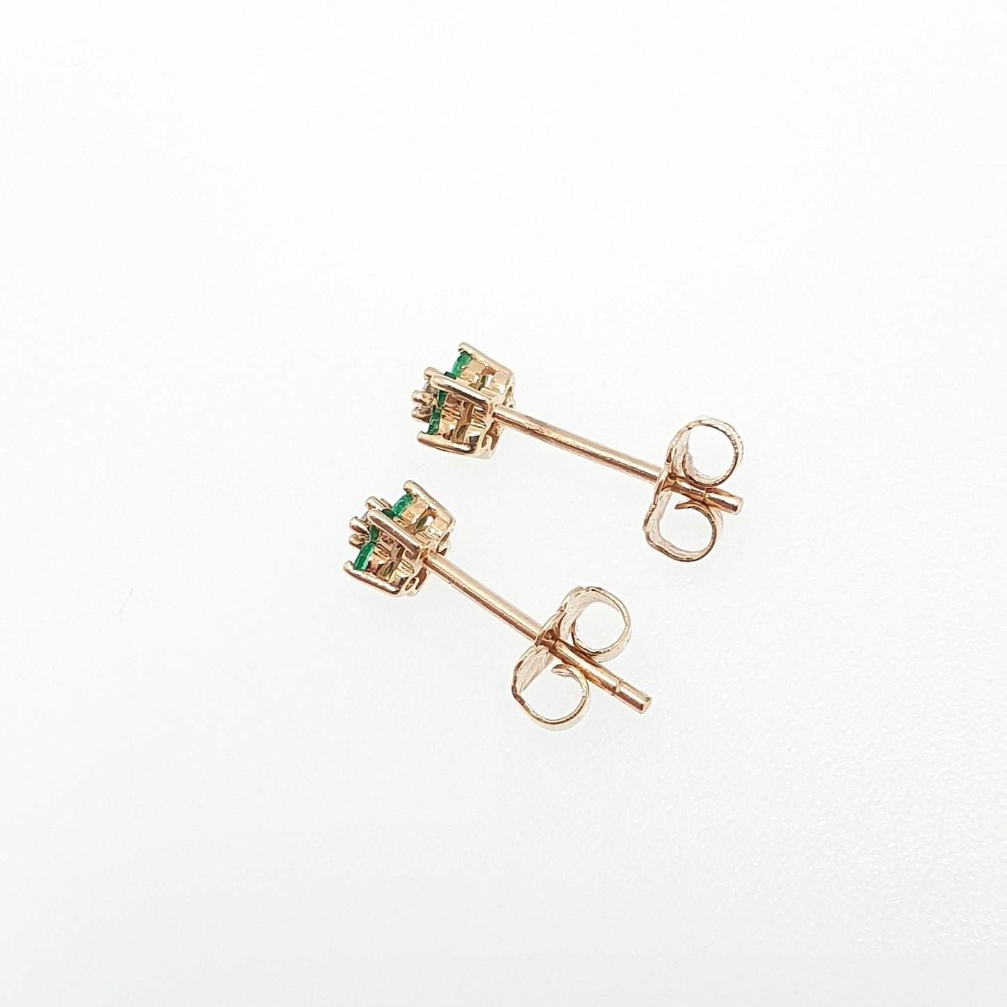 Vintage 9ct Gold Emerald & Diamond Stud Earrings Small Cluster Solid 9k 375 Genuine Gemstone Jewelry Jewellery
