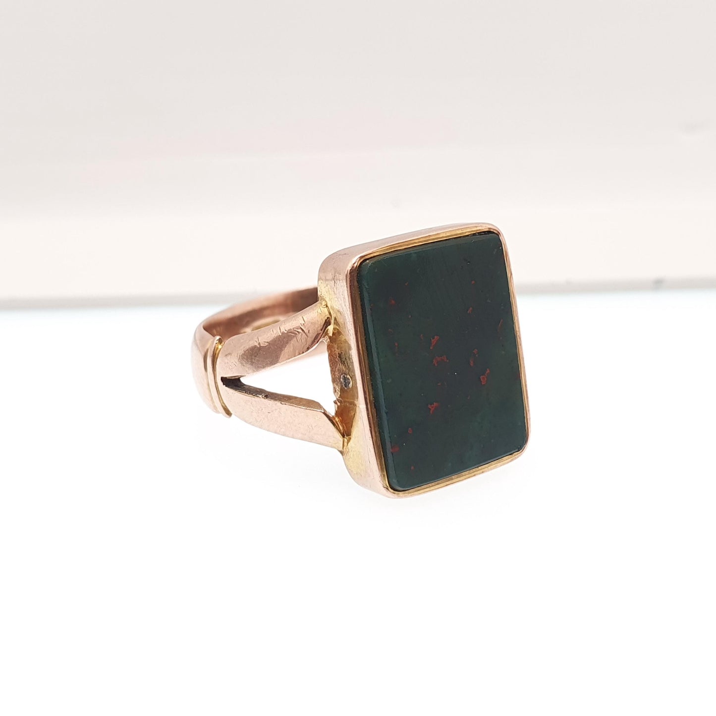 Antique 9ct Rose Gold Bloodstone Signet Ring Large Big Rectangular Cut 1915 Hallmarked Solid 9k 9kt Gemstone Vintage Mens U 1/2 10 1/4