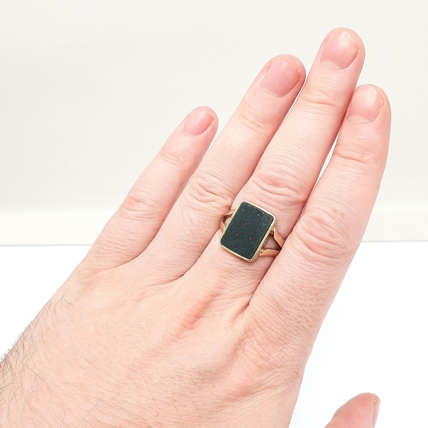 Antique 9ct Rose Gold Bloodstone Signet Ring Large Big Rectangular Cut 1915 Hallmarked Solid 9k 9kt Gemstone Vintage Mens U 1/2 10 1/4