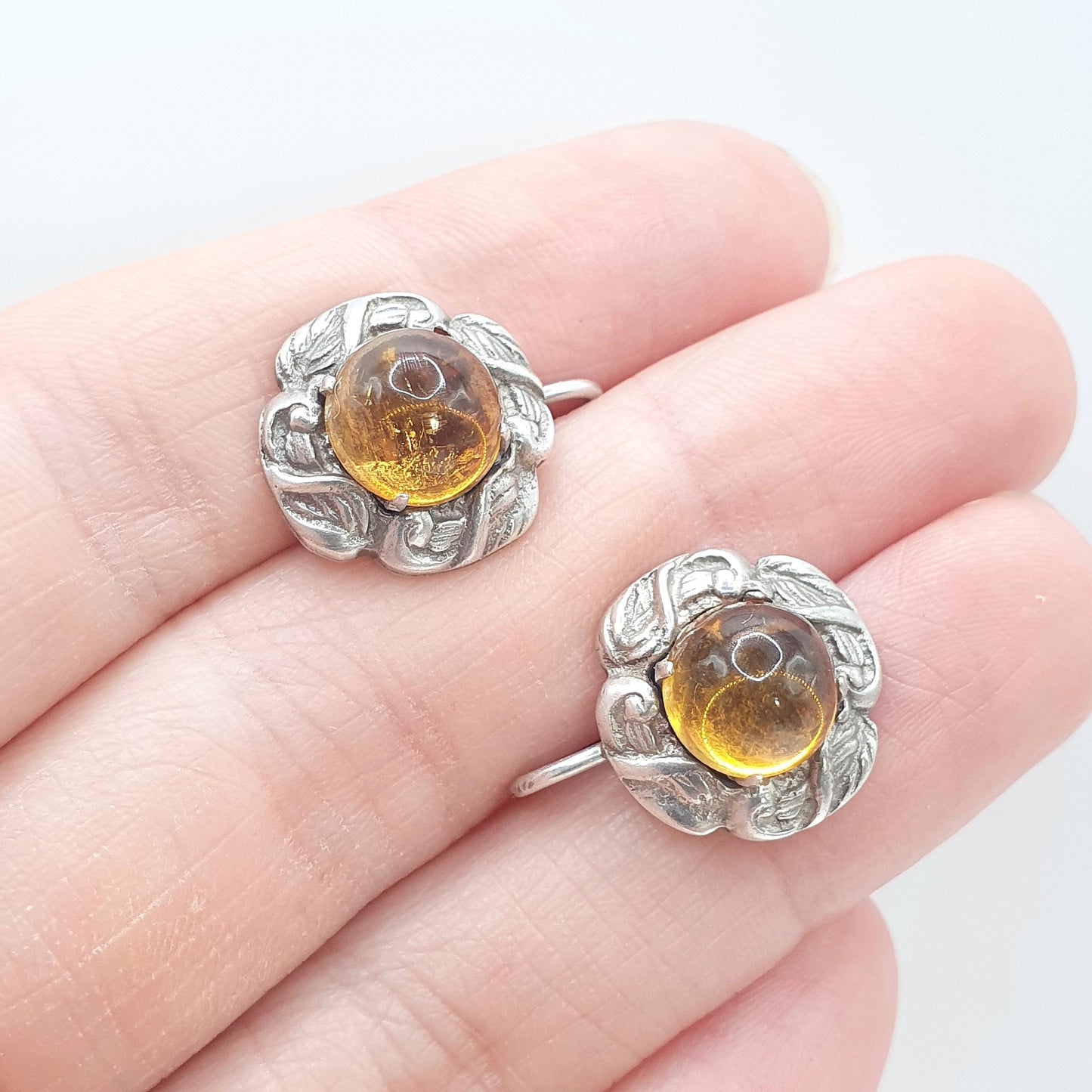 Antique Natural Citrine Solid Silver Earrings Arts and Crafts Leaf Border Cabochon Gemstone Vintage Jewellery Jewelry