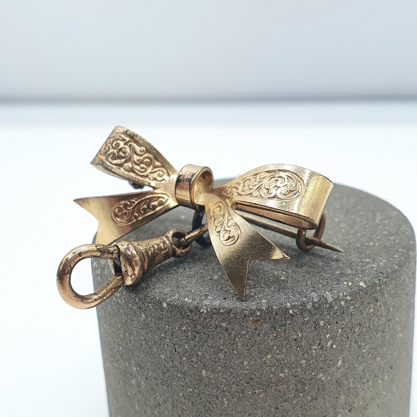 Antique Victorian Rolled Gold Bow Brooch Nurse Fob With Dog Clip Gold Filled Vintage Womens Ladies Jewelry Jewellery