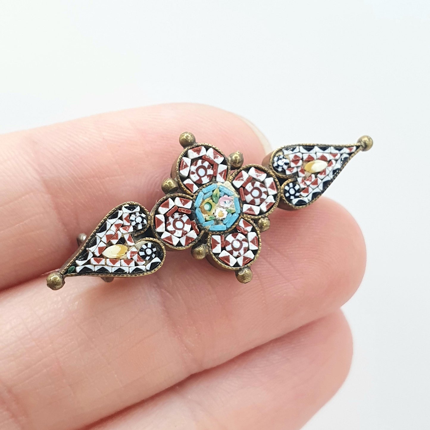 Antique Victorian Micro Mosaic Brooch Micromosaic Cruciform Shape Gold Tone Base Metal Jewelry Jewellery Womens Mens