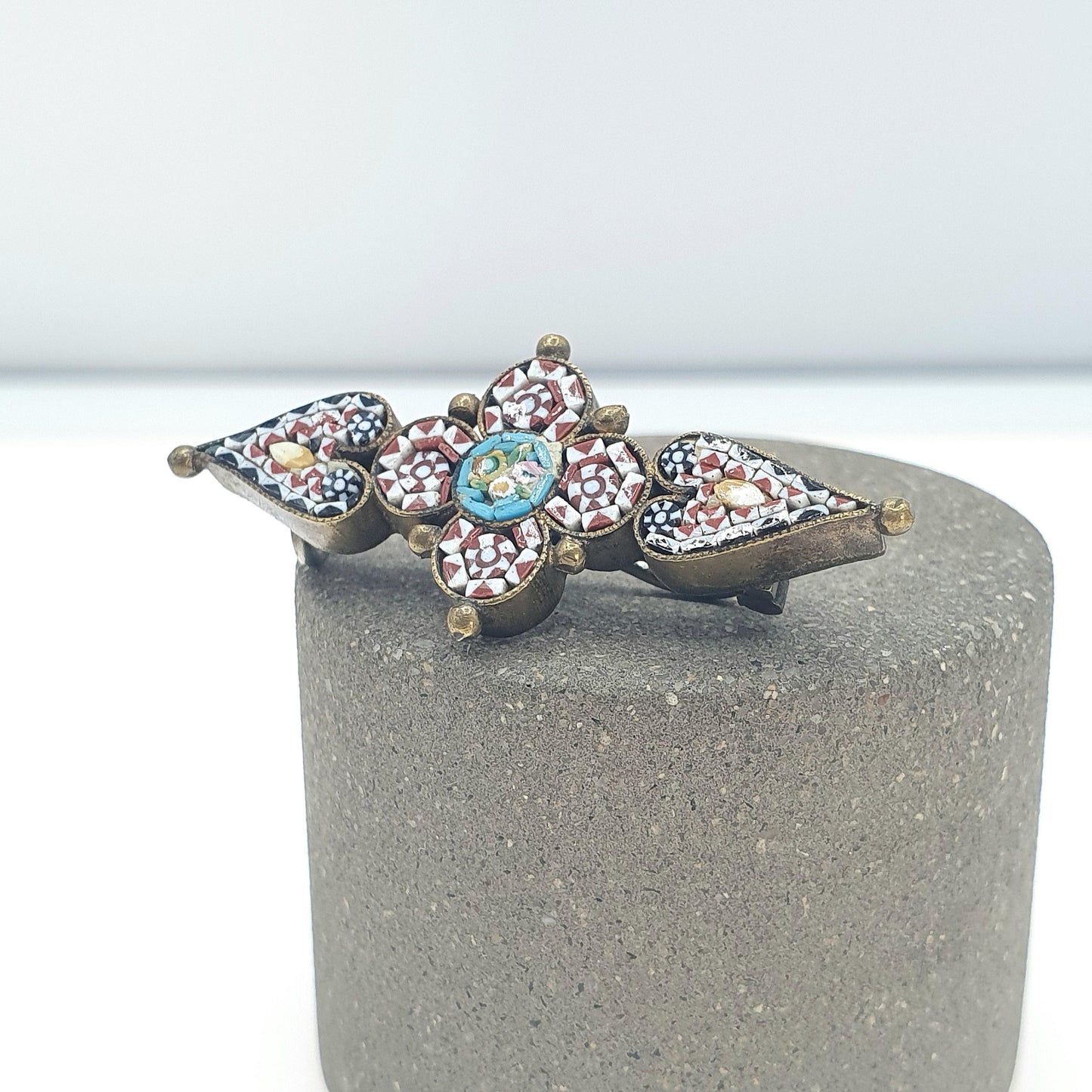 Antique Victorian Micro Mosaic Brooch Micromosaic Cruciform Shape Gold Tone Base Metal Jewelry Jewellery Womens Mens