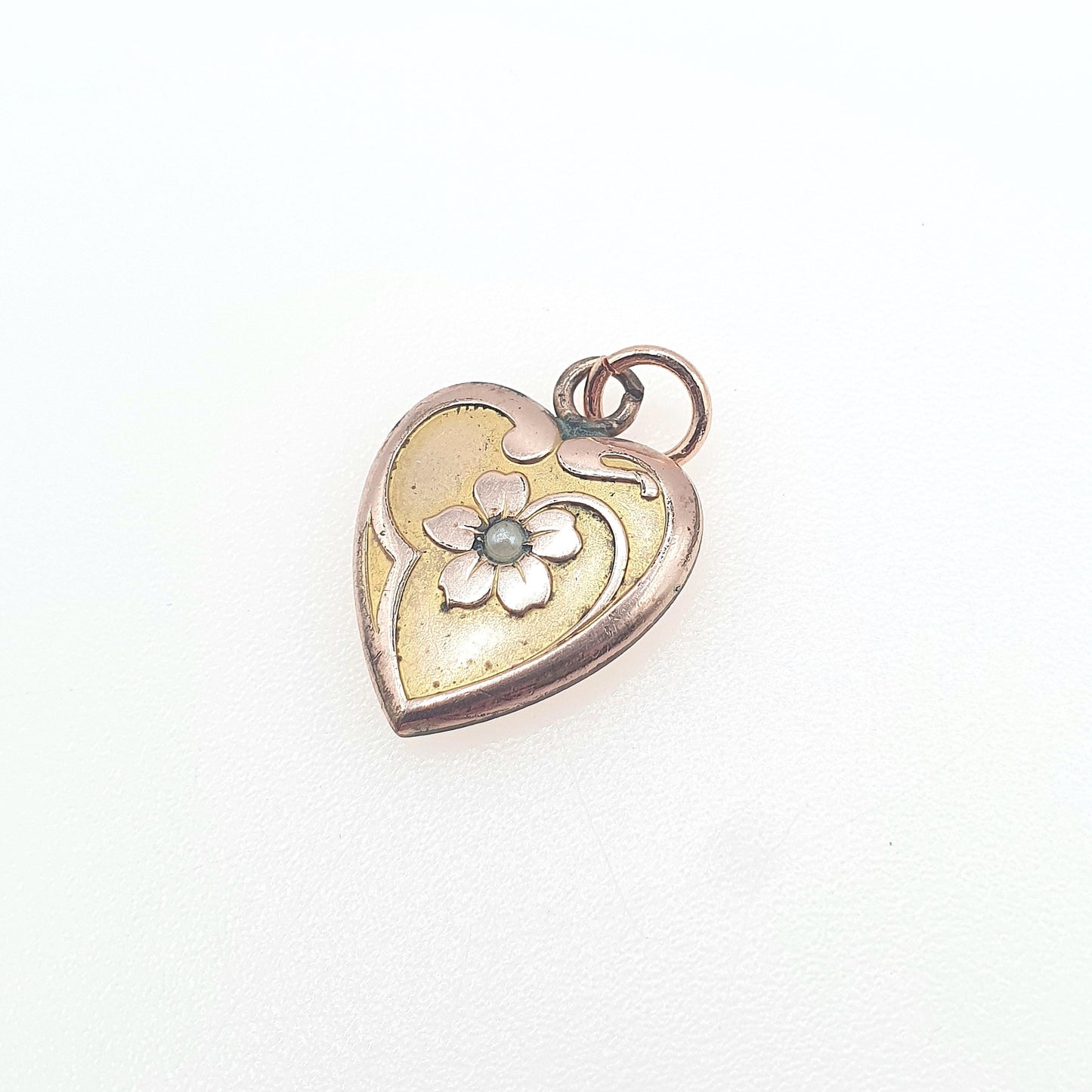 Antique Rolled Rose Gold Heart Pendant Flower and Faux Pearl Puffer Gold Filled Vintage Jewelry Jewellery