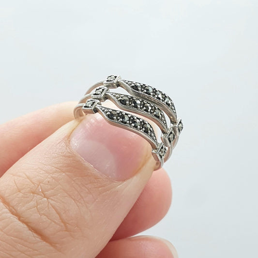 Antique Art Deco Solid Silver Marcasite Triple Ring Stacking Stacker UK L 1/2 US 6 Jewelry Womens Vintage Jewellery