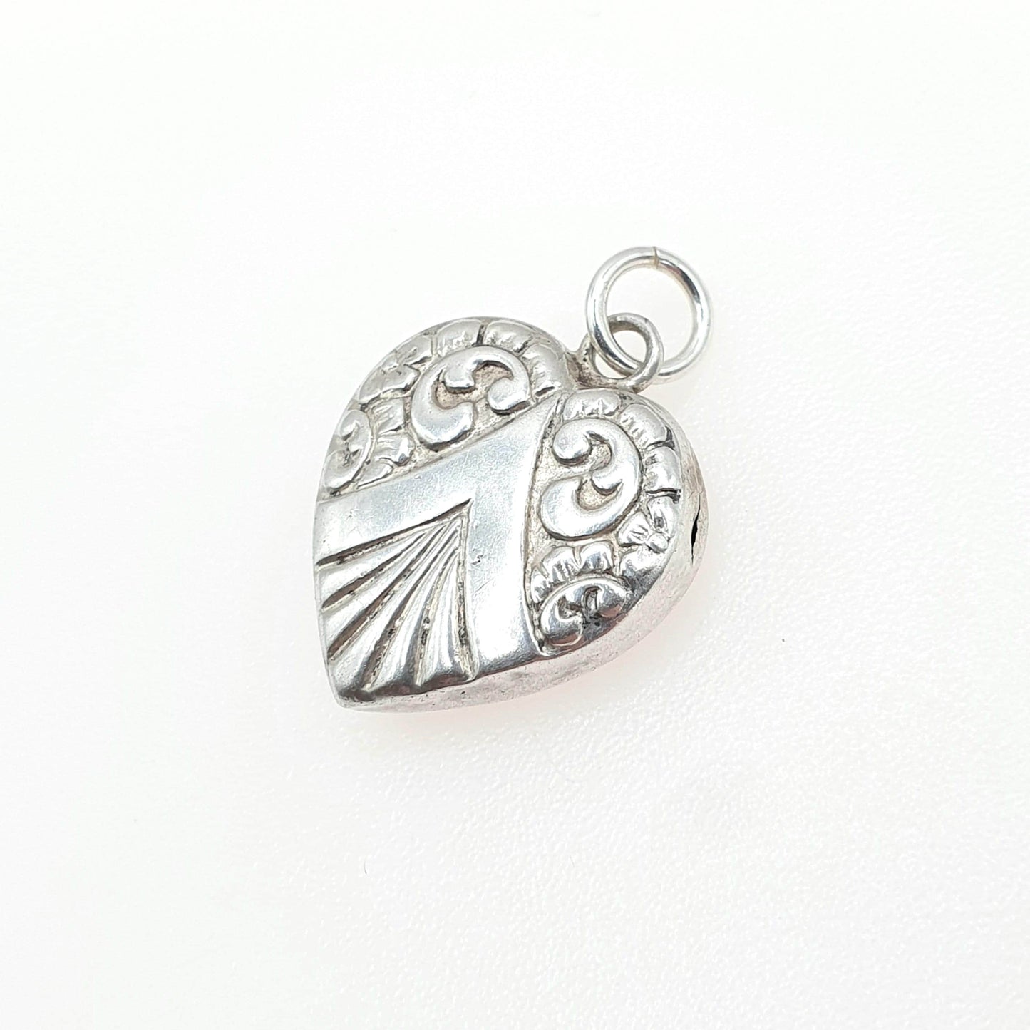 Antique Victorian Solid Silver Heart Pendant Charm Embossed Puffer French Art Nouveau Womens Jewelry Vintage Jewellery