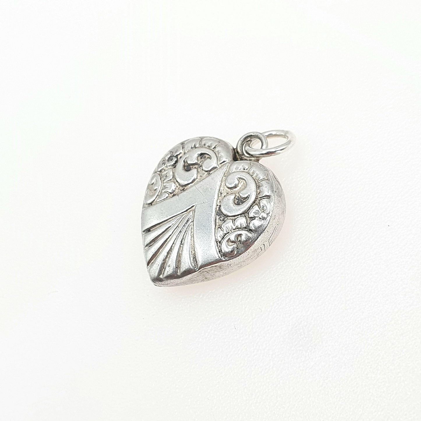 Antique Victorian Solid Silver Heart Pendant Charm Embossed Puffer French Art Nouveau Womens Jewelry Vintage Jewellery