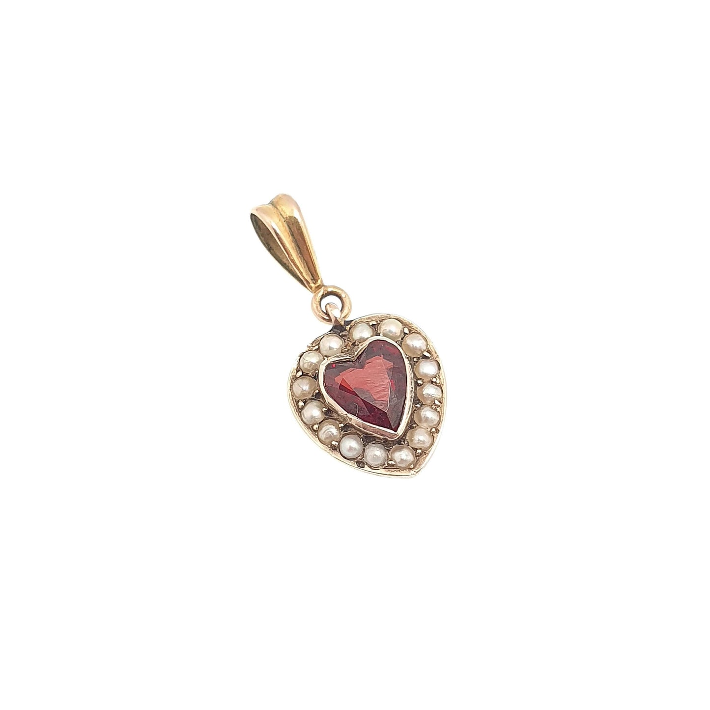 Antique Victorian 9ct Gold Garnet Heart Pendant Seed Pearl Puffer Necklace Solid 9k 375 9kt Vintage