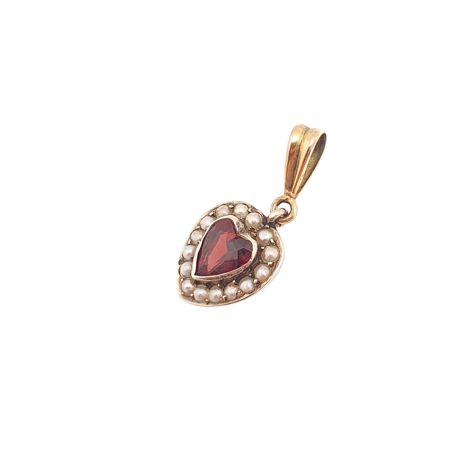 Antique Victorian 9ct Gold Garnet Heart Pendant Seed Pearl Puffer Necklace Solid 9k 375 9kt Vintage