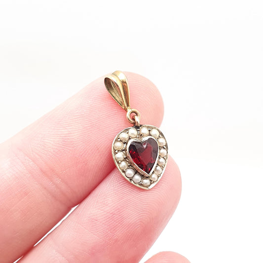 Antique Victorian 9ct Gold Garnet Heart Pendant Seed Pearl Puffer Necklace Solid 9k 375 9kt Vintage