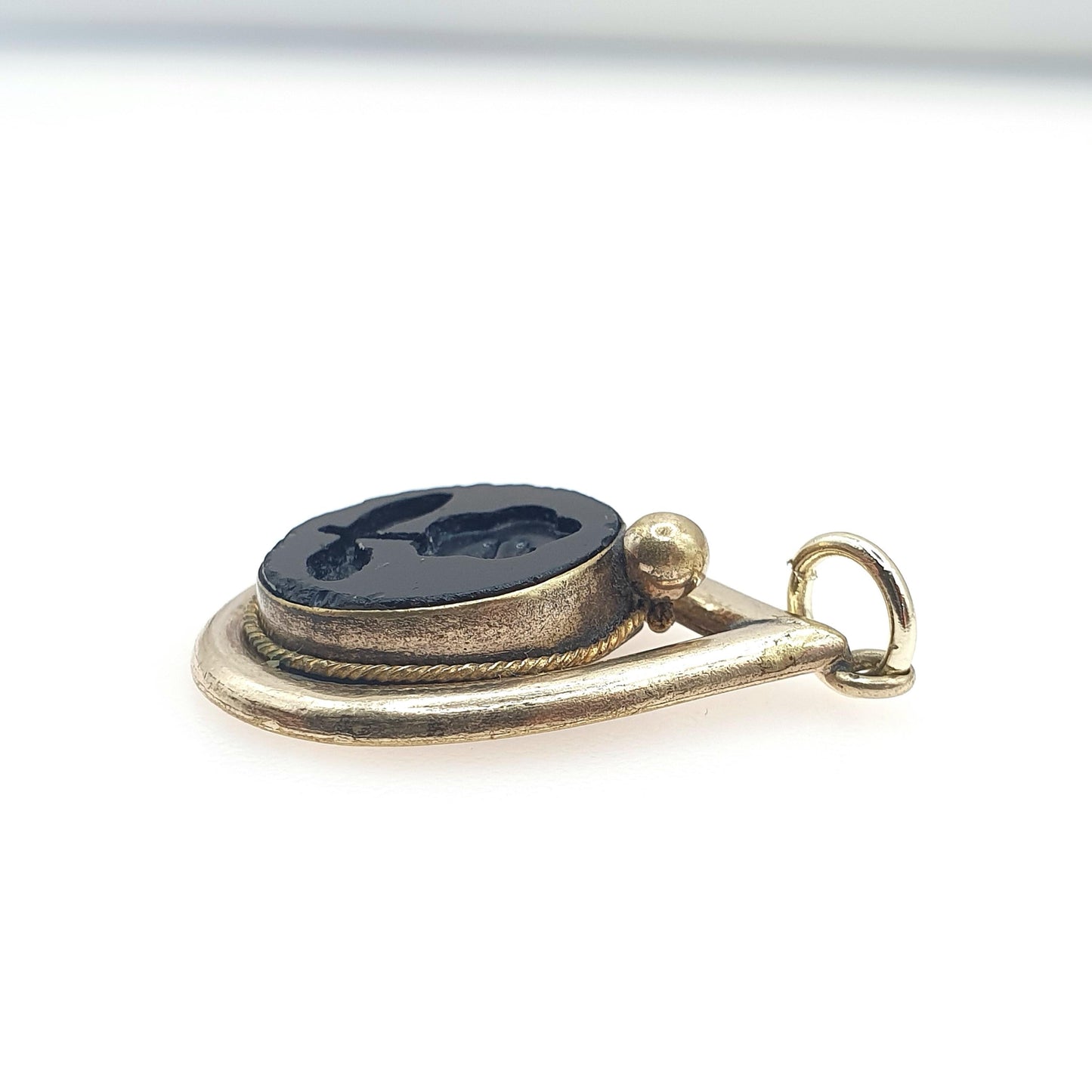 Antique Victorian Gold Gilt Intaglio Pendant Flower French Jet Czech Glass Vintage Womens Jewelry Jewellery Necklace Floral