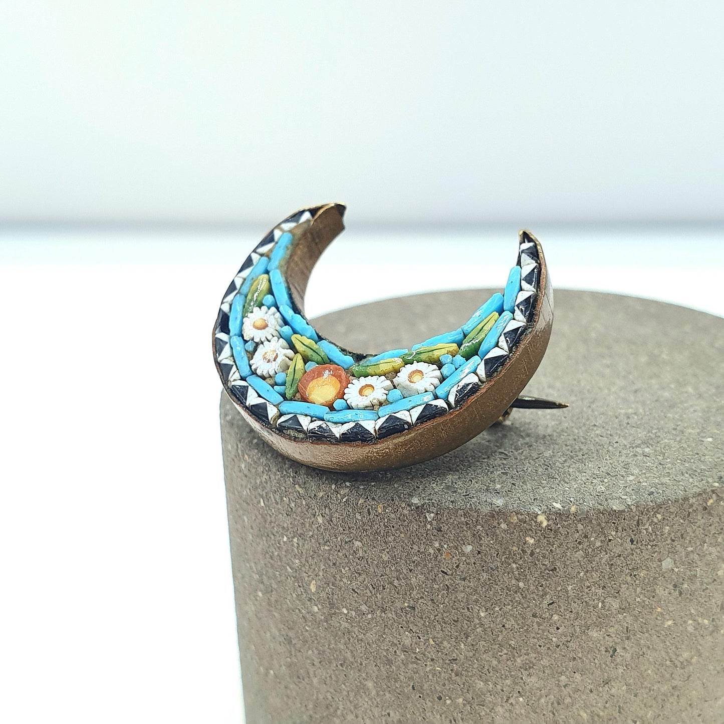 Antique Victorian Micro Mosaic Crescent Moon Brooch Micromosaic Celestial Floral Tiles Millefiori Jewelry Jewellery Women’s Men’s