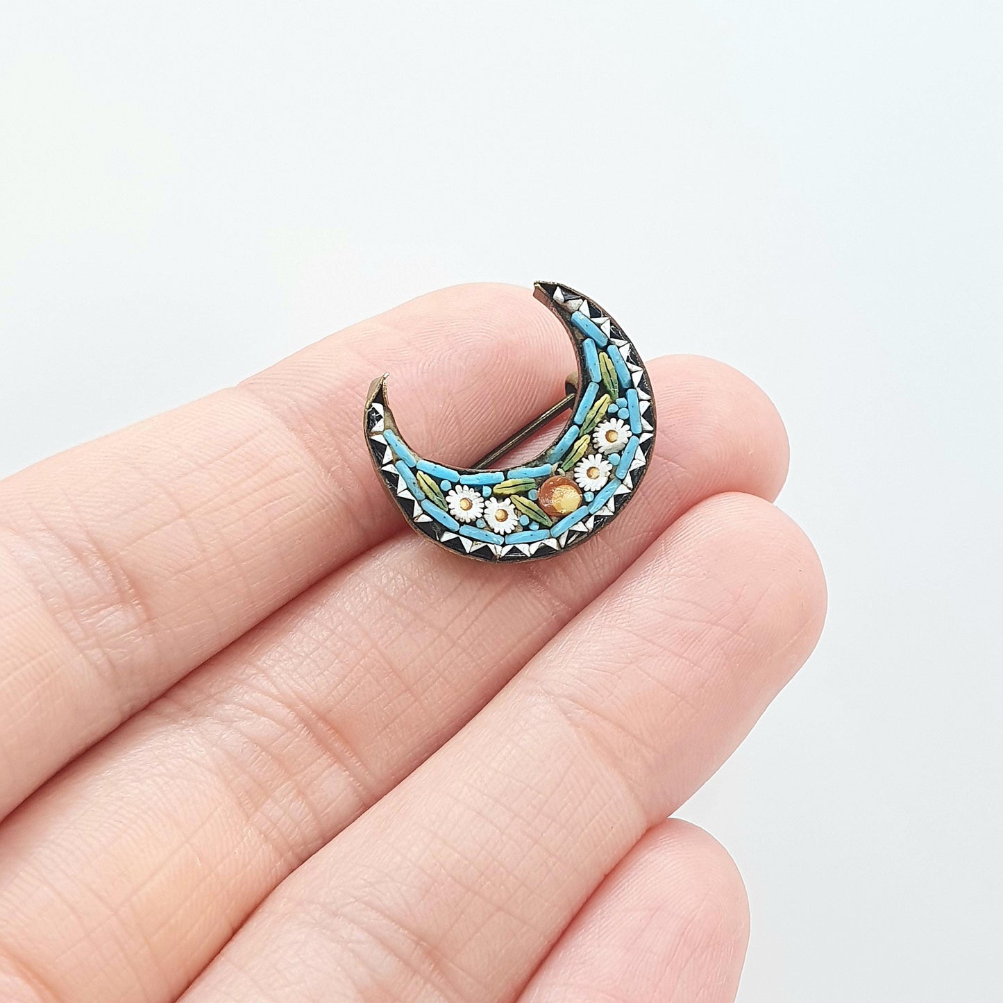 Antique Victorian Micro Mosaic Crescent Moon Brooch Micromosaic Celestial Floral Tiles Millefiori Jewelry Jewellery Women’s Men’s