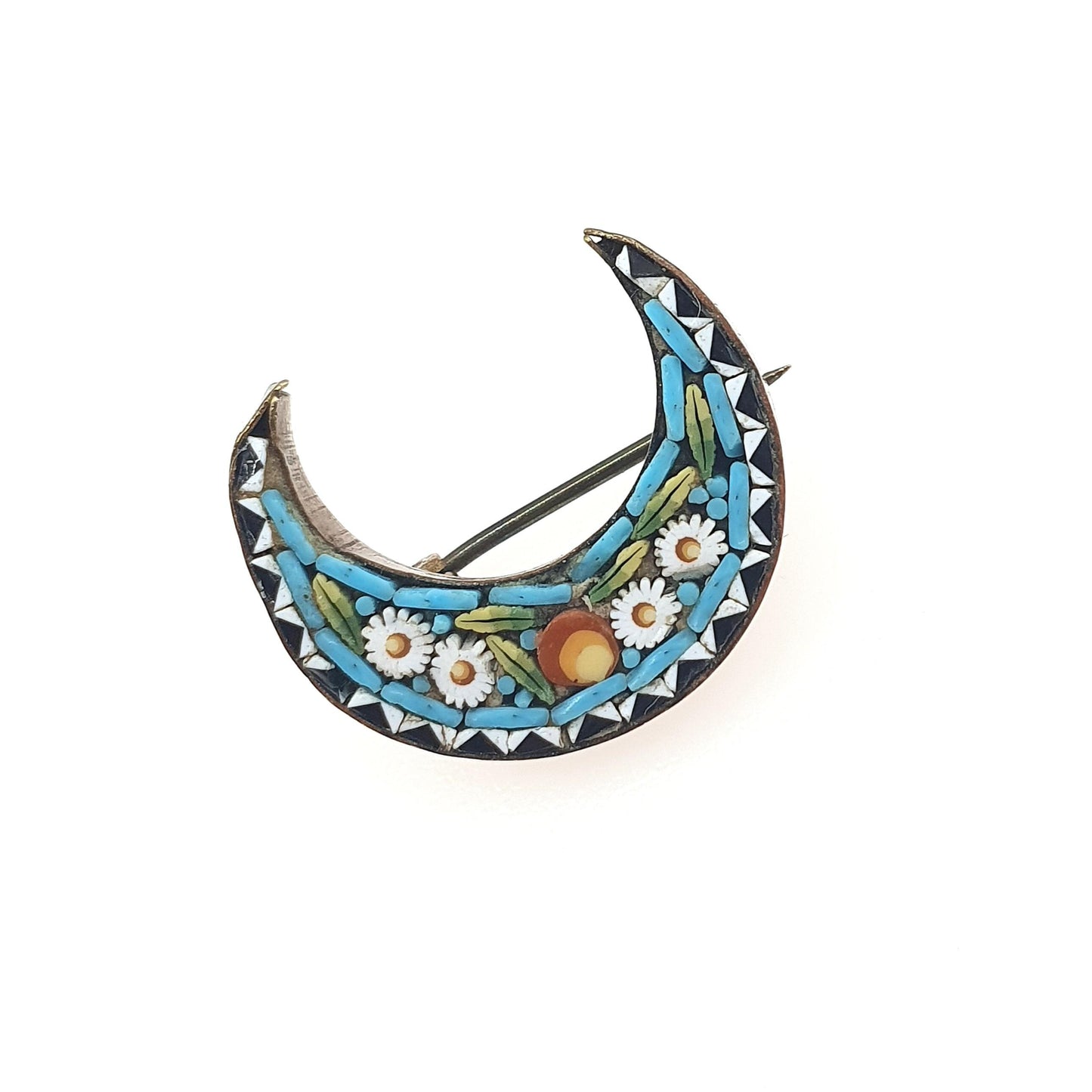 Antique Victorian Micro Mosaic Crescent Moon Brooch Micromosaic Celestial Floral Tiles Millefiori Jewelry Jewellery Women’s Men’s