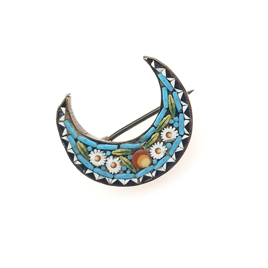 Antique Victorian Micro Mosaic Crescent Moon Brooch Micromosaic Celestial Floral Tiles Millefiori Jewelry Jewellery Women’s Men’s
