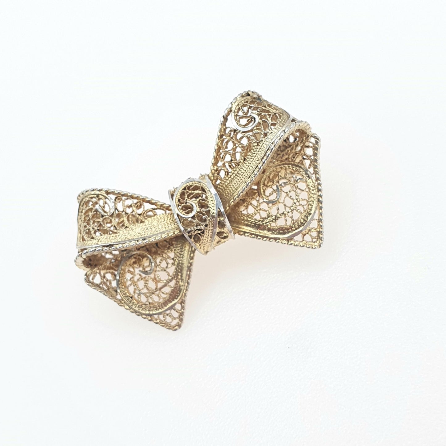 Antique Gold Vermeil Solid Silver Bow Brooch Filigree Handmade Ribbon Vintage Womens Ladies Jewelry Jewellery