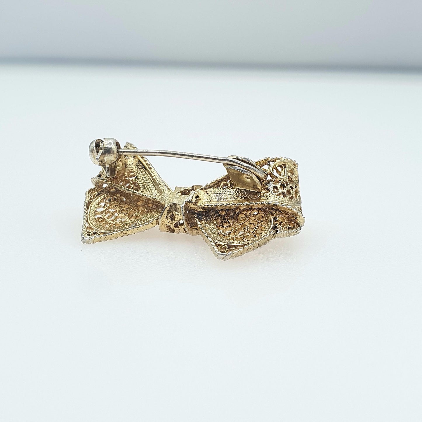 Antique Gold Vermeil Solid Silver Bow Brooch Filigree Handmade Ribbon Vintage Womens Ladies Jewelry Jewellery